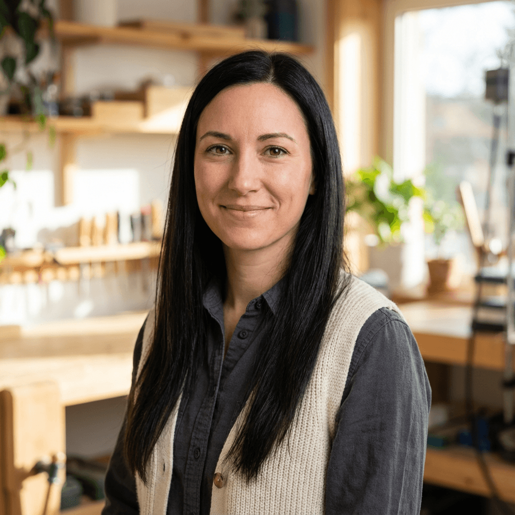 Sarah Mitchell, a smiling female homeowner in her late 30s, friendly and approachable style