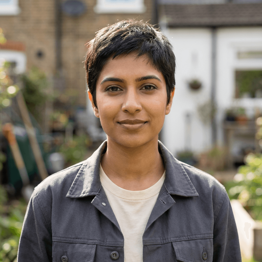 Priya Patel, a warm female homeowner in her mid 30s, bright and professional style