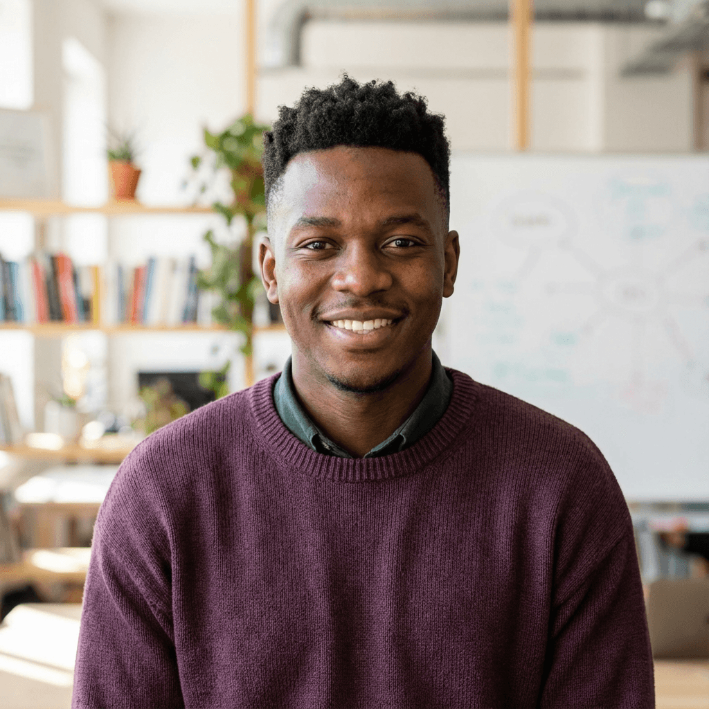 David Okonkwo, a business owner in his 40s, in his office