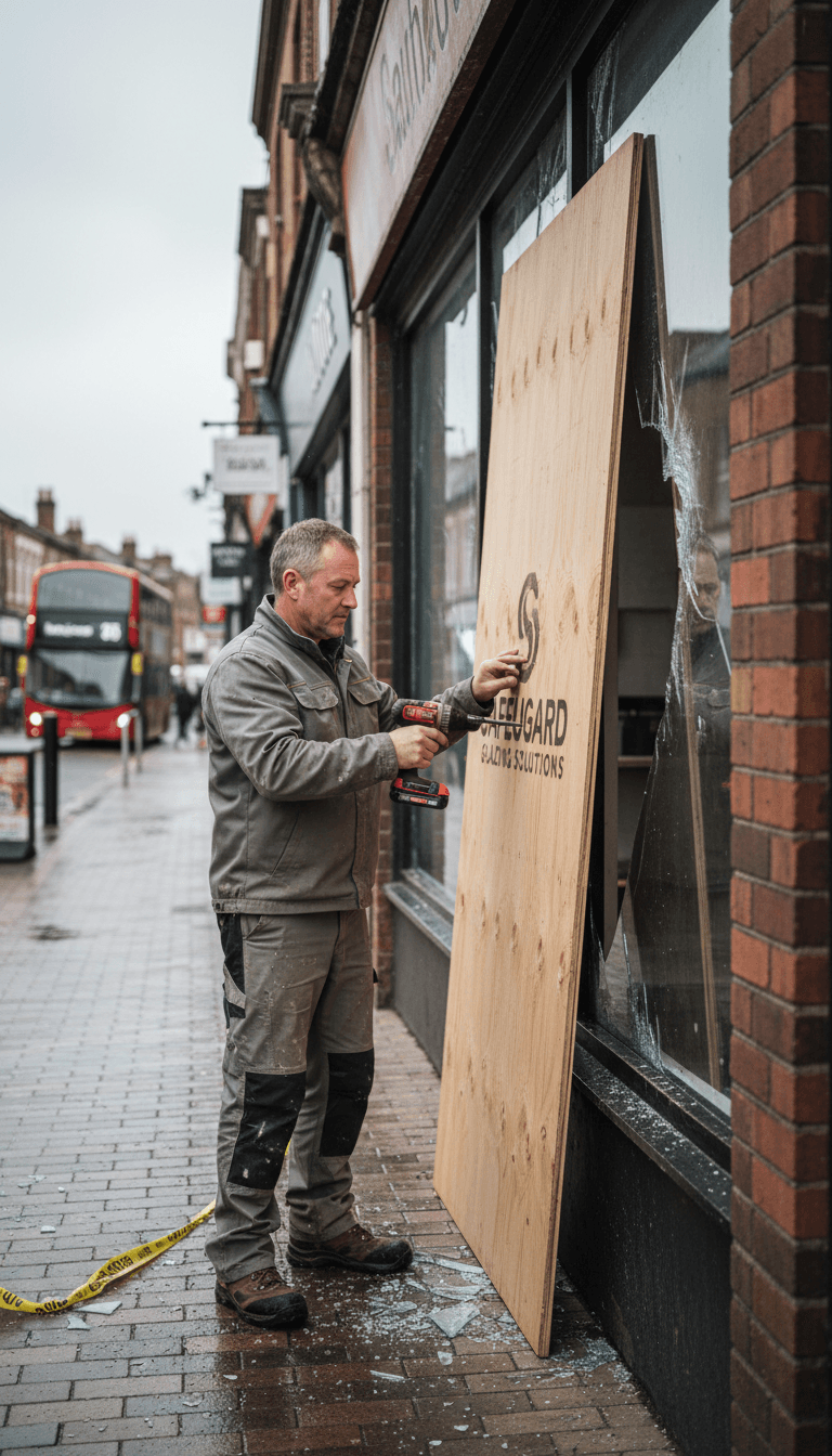 Fitter securing a plywood board over a broken shop window