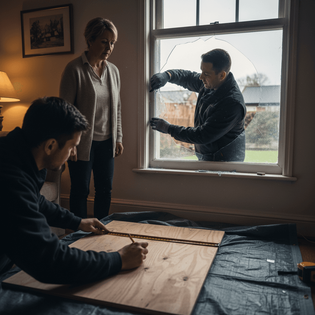 Fitter clearing broken glass after burglary