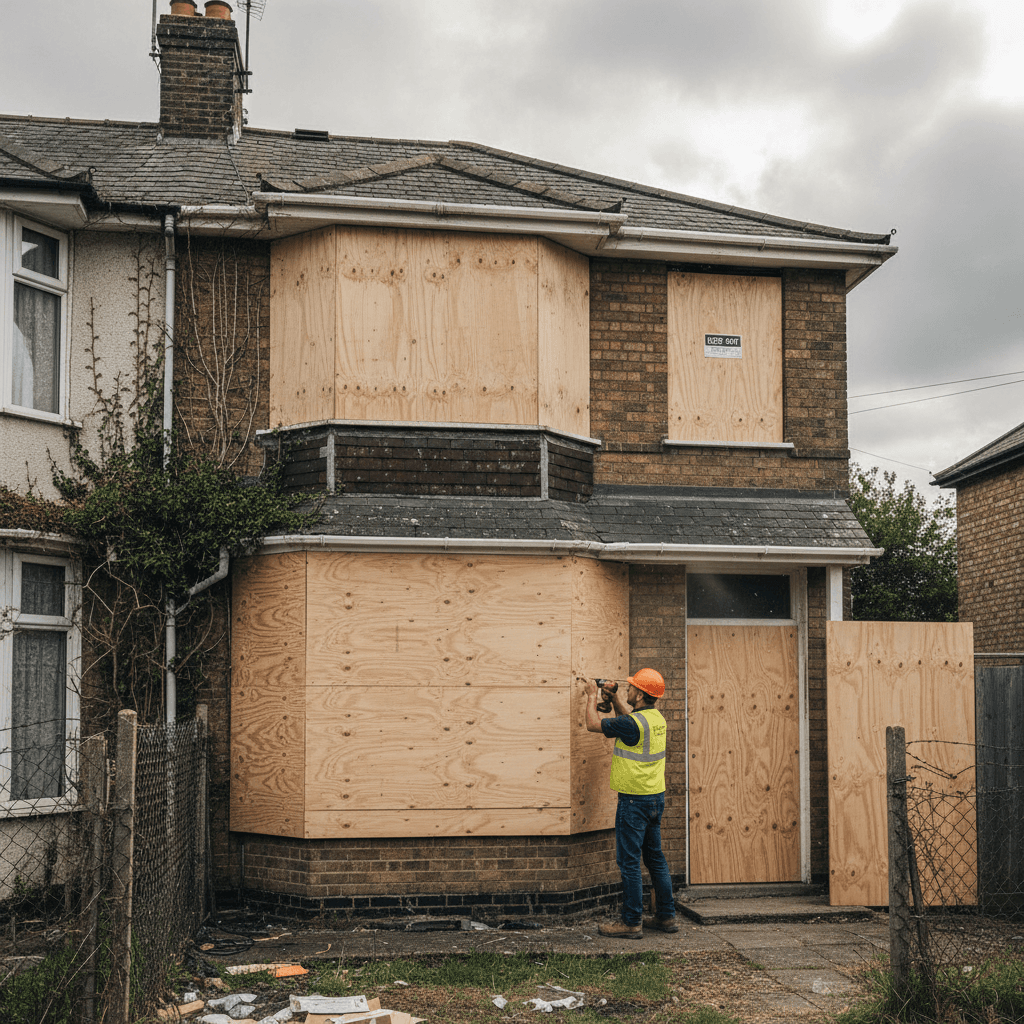 Sealed vacant property with boarded windows and doors