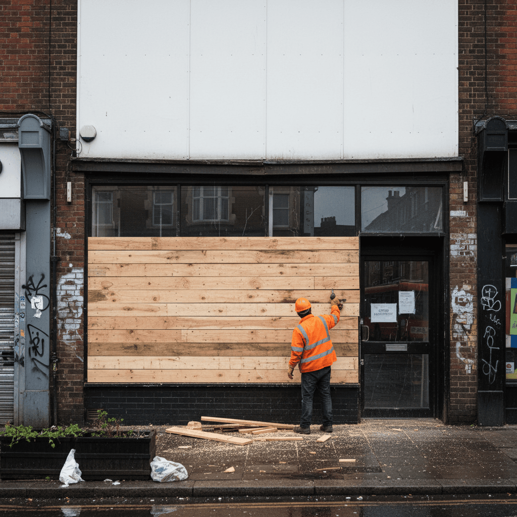 Worker boarding up a commercial shop front