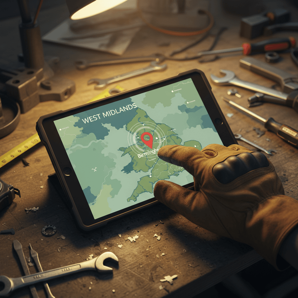 Hand on a tablet showing the West Midlands coverage area