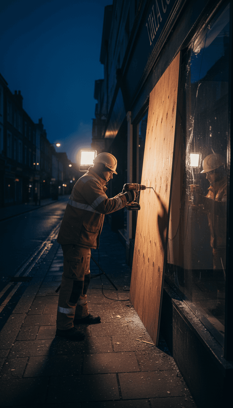 Technician boarding up a broken shop window at night in Rugby