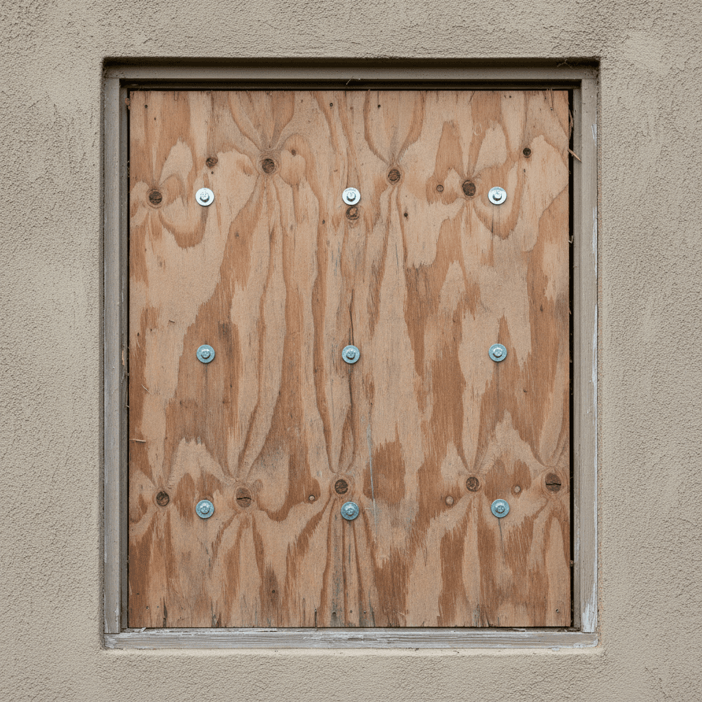 Close-up of a securely boarded window with visible screws