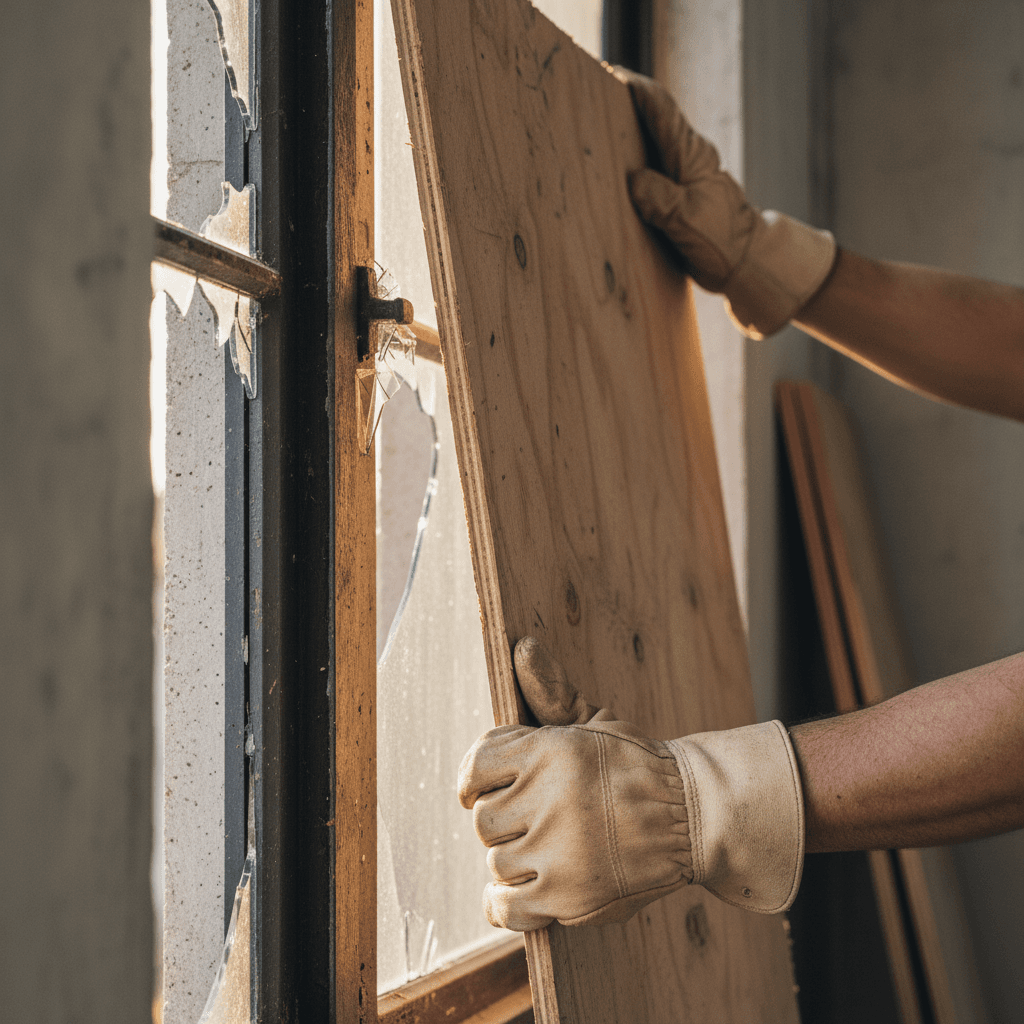 Tradesman fitting plywood boarding over a broken window