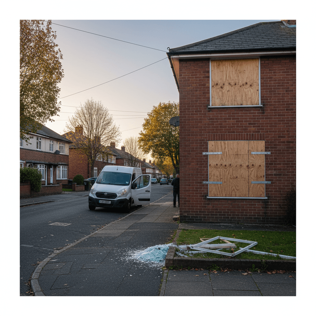 Semi-detached house with a boarded window and debris below