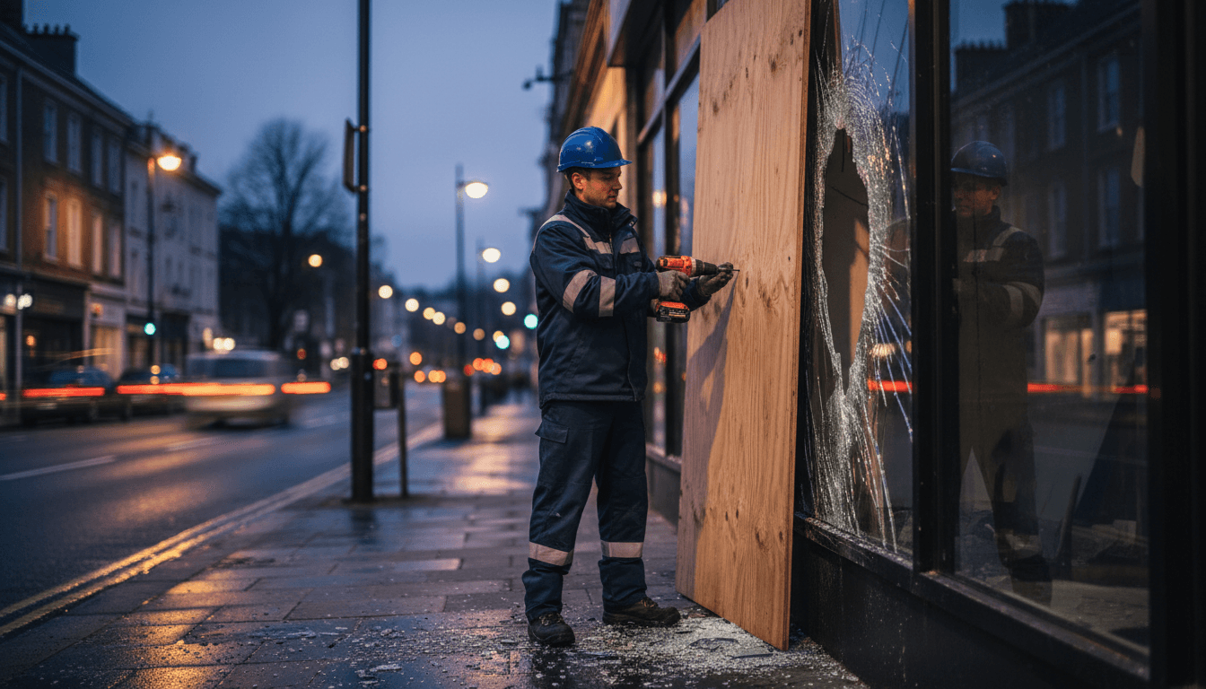 Technician boarding up a shop window with plywood