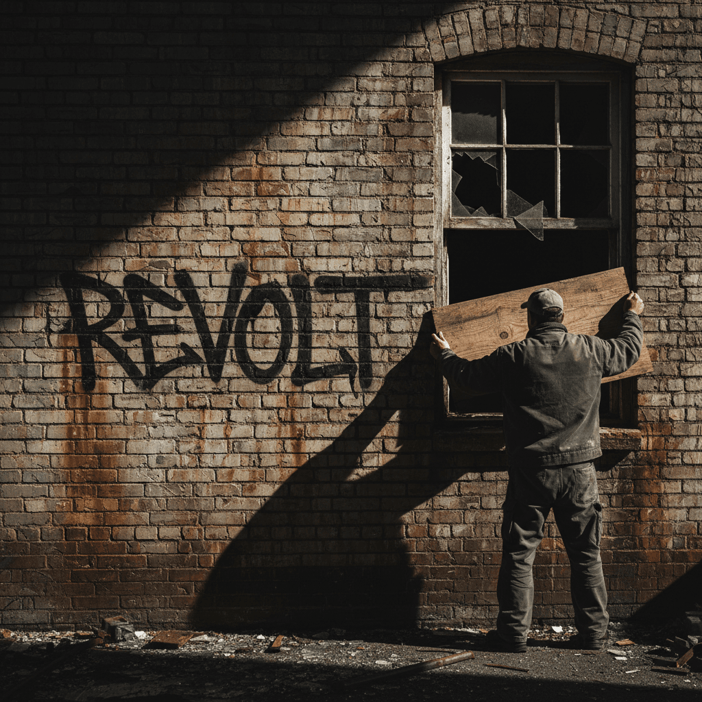 Worker boarding a vandalised window on a brick wall