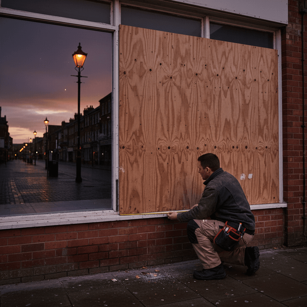 Plywood covering a broken retail shopfront window