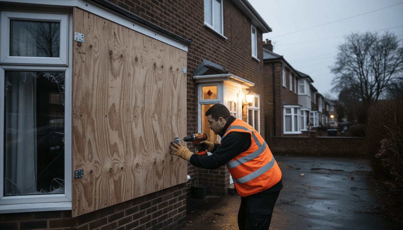 Secure plywood boarding covering a broken window on a UK home at dusk