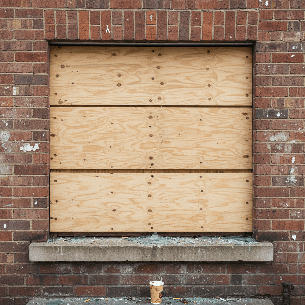 Fresh plywood boarding secured over a broken residential window in a brick wall