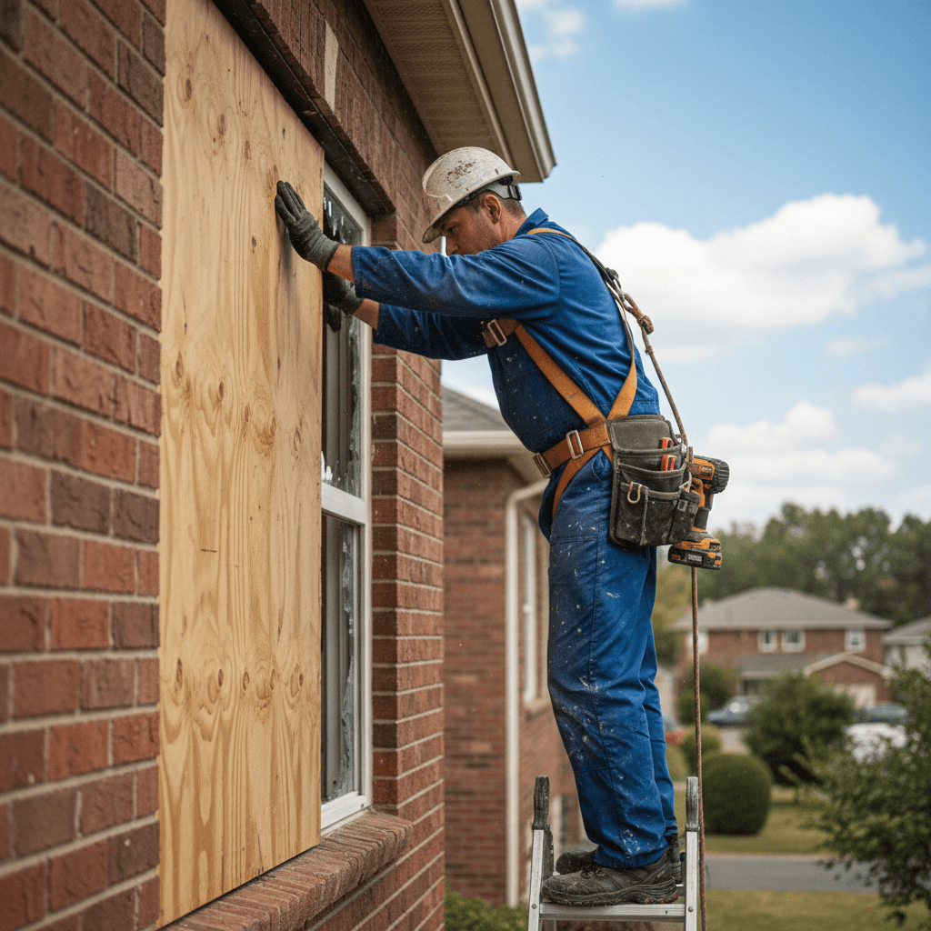 Worker on a ladder boarding a cracked upstairs window