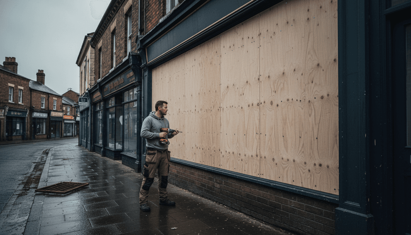 Boarded-up shop window in Tamworth