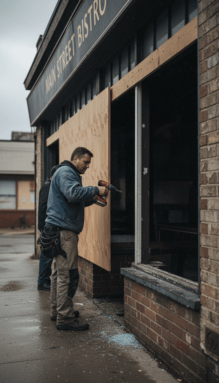 Boarding up a broken window in Nuneaton