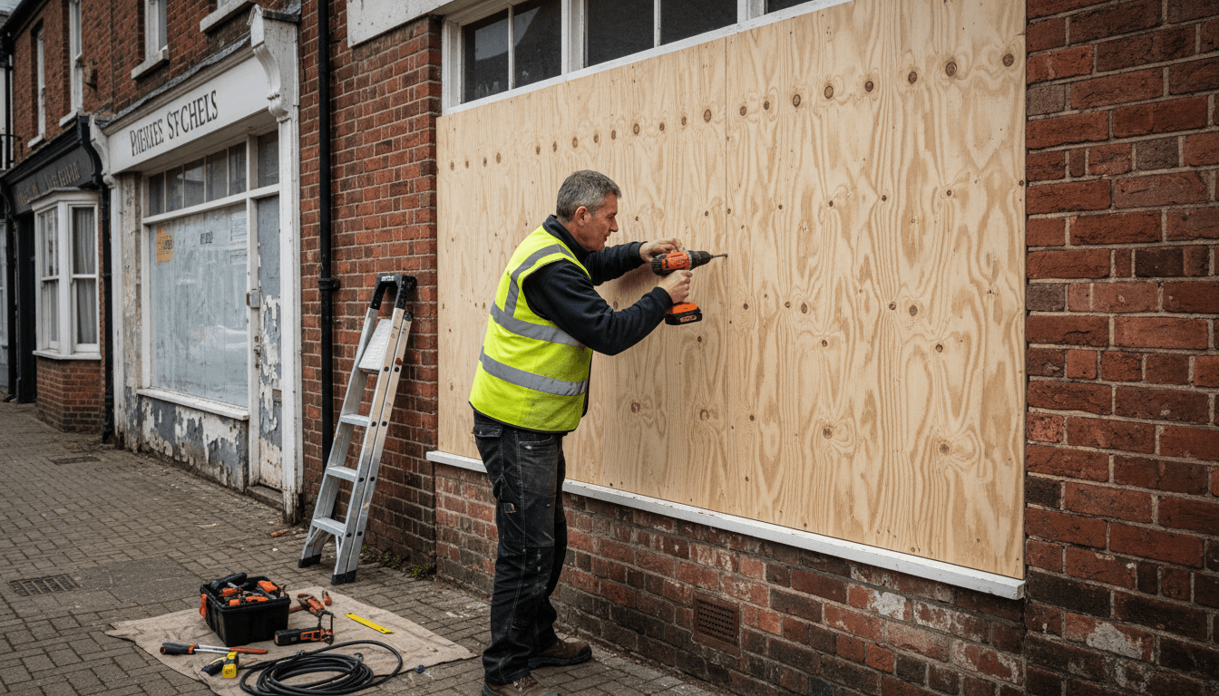 Fitter securing a window with fresh boarding in Coleshill