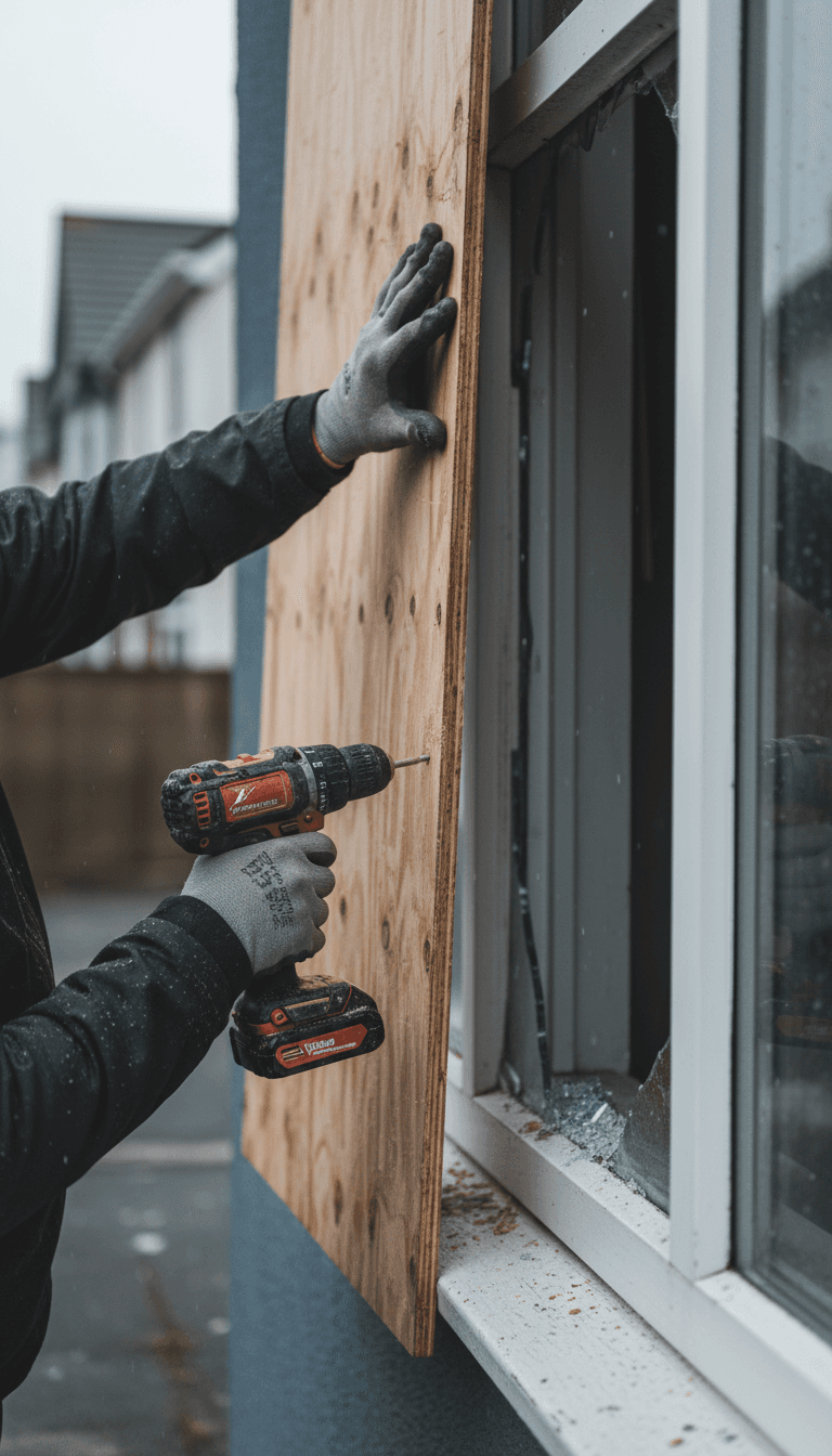 Fitter securing a plywood board over a broken window