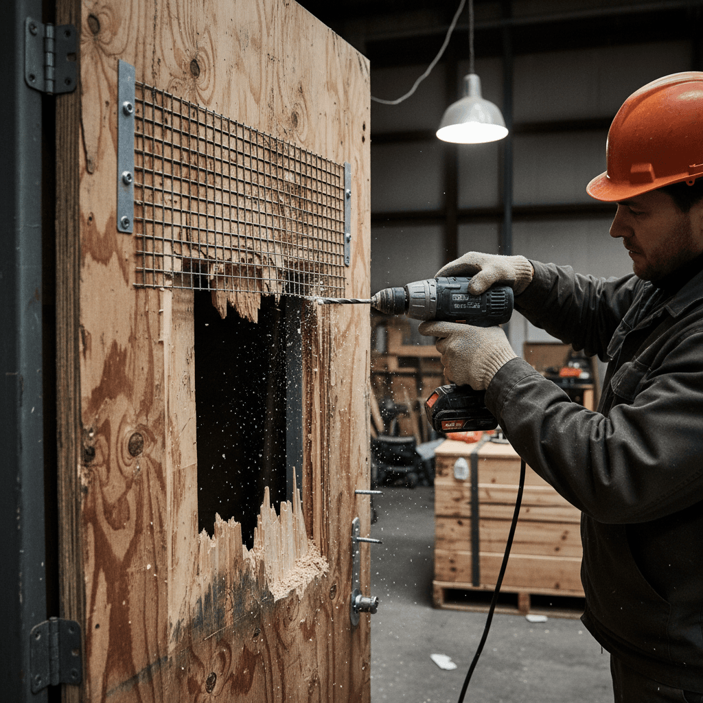 Securing a damaged door with a plywood panel
