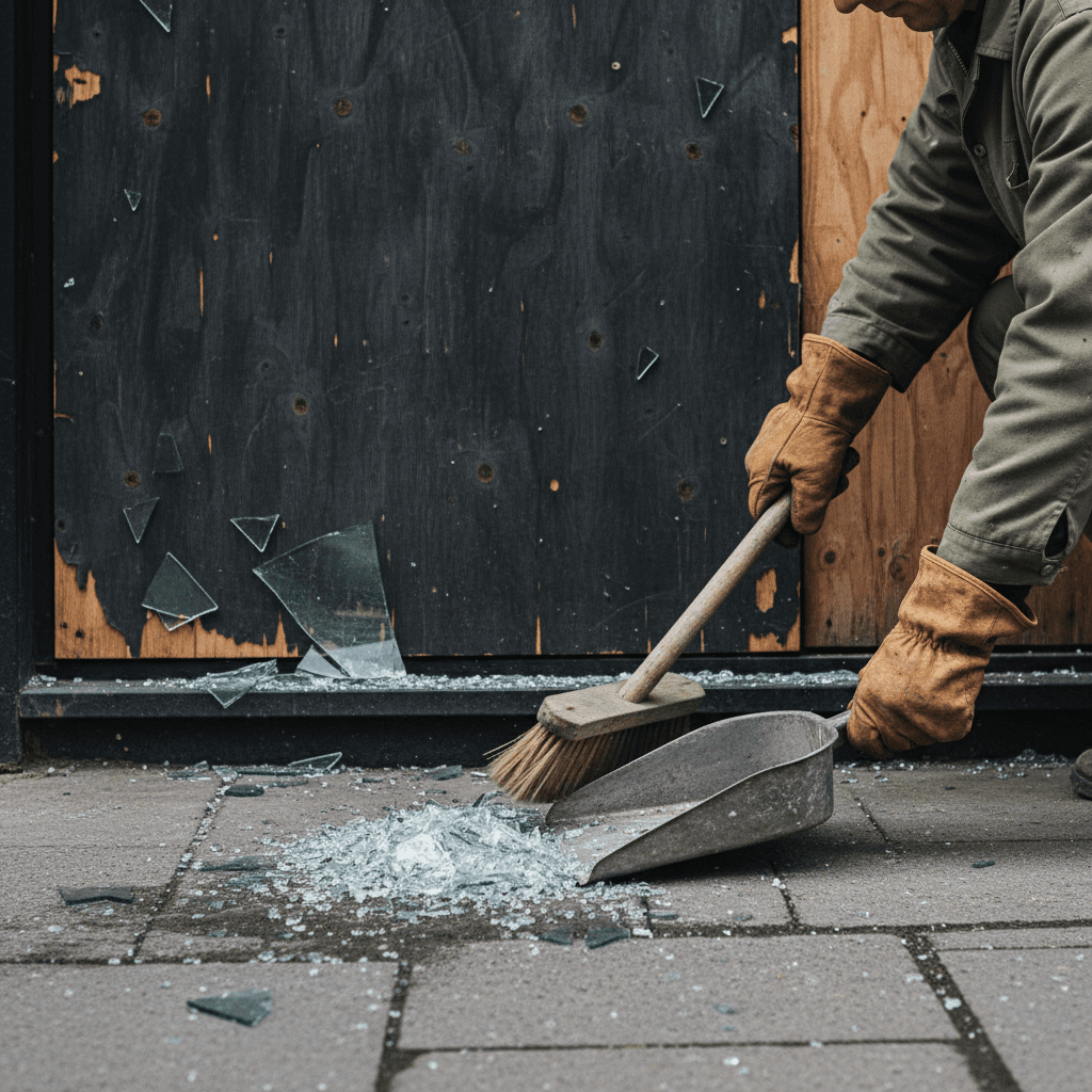 Worker in gloves sweeping shattered glass from the pavement in front of a boarded-up shop