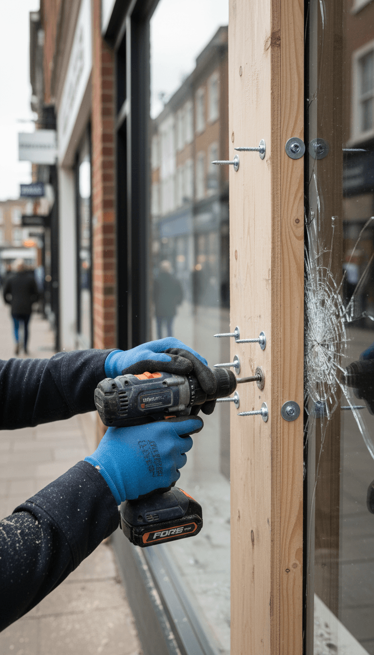 Fitter securing a board over a broken shop window
