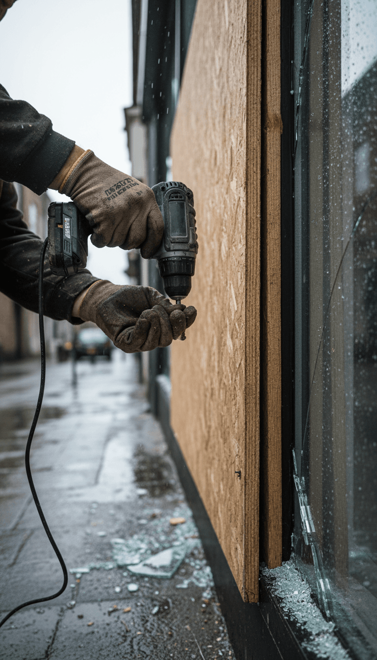 Fitter securing a board over a broken window