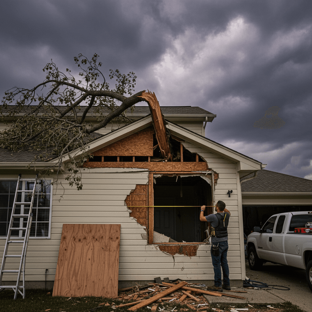 Fitter assessing storm or vehicle damage to a house