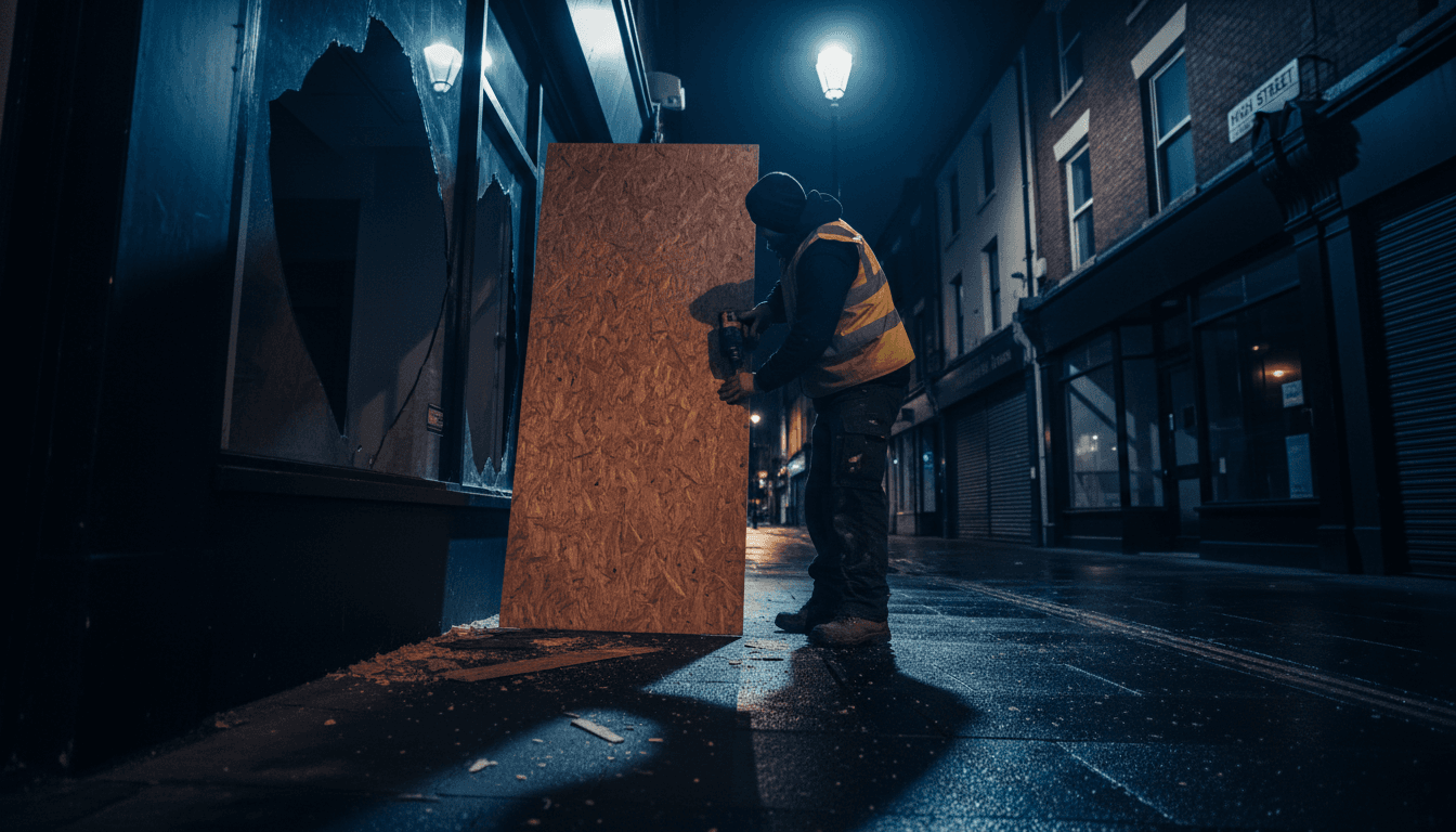 Tradesperson securing a wooden board over a damaged shop window at dusk