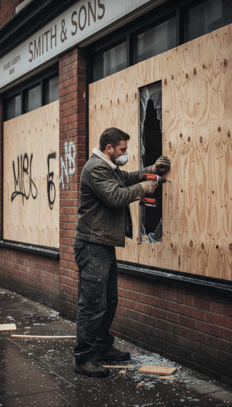 Fitter securing plywood boarding over a broken shop window in Bedworth