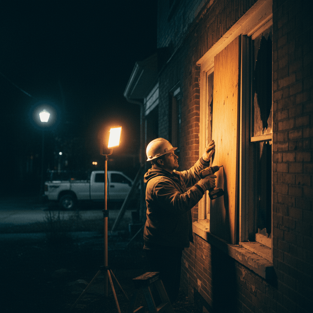 Tradesman installing a board on a house window at night