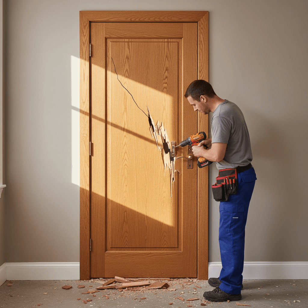 Tradesman repairing and securing a damaged wooden door