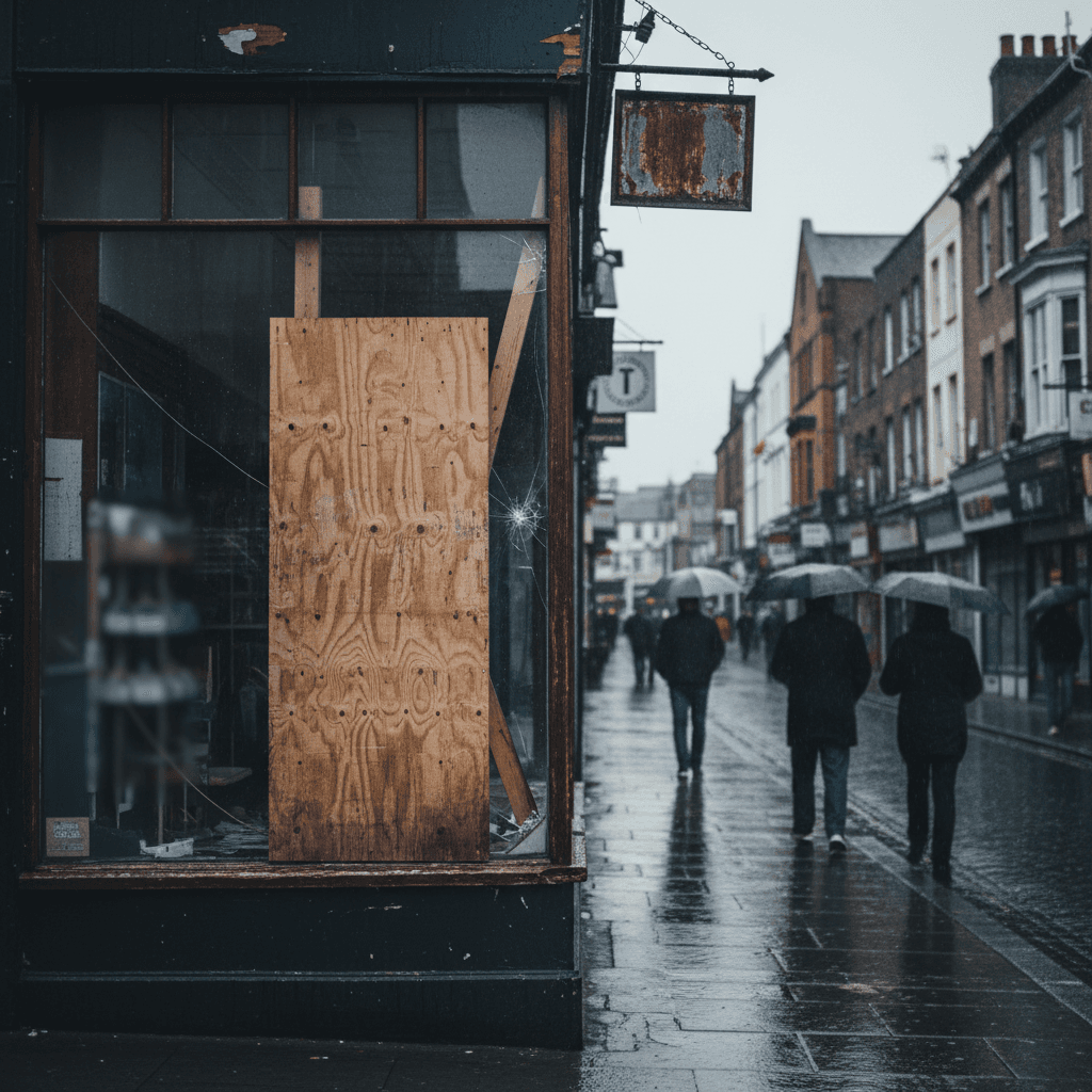 Plywood board covering a shattered shop display window on a High Street