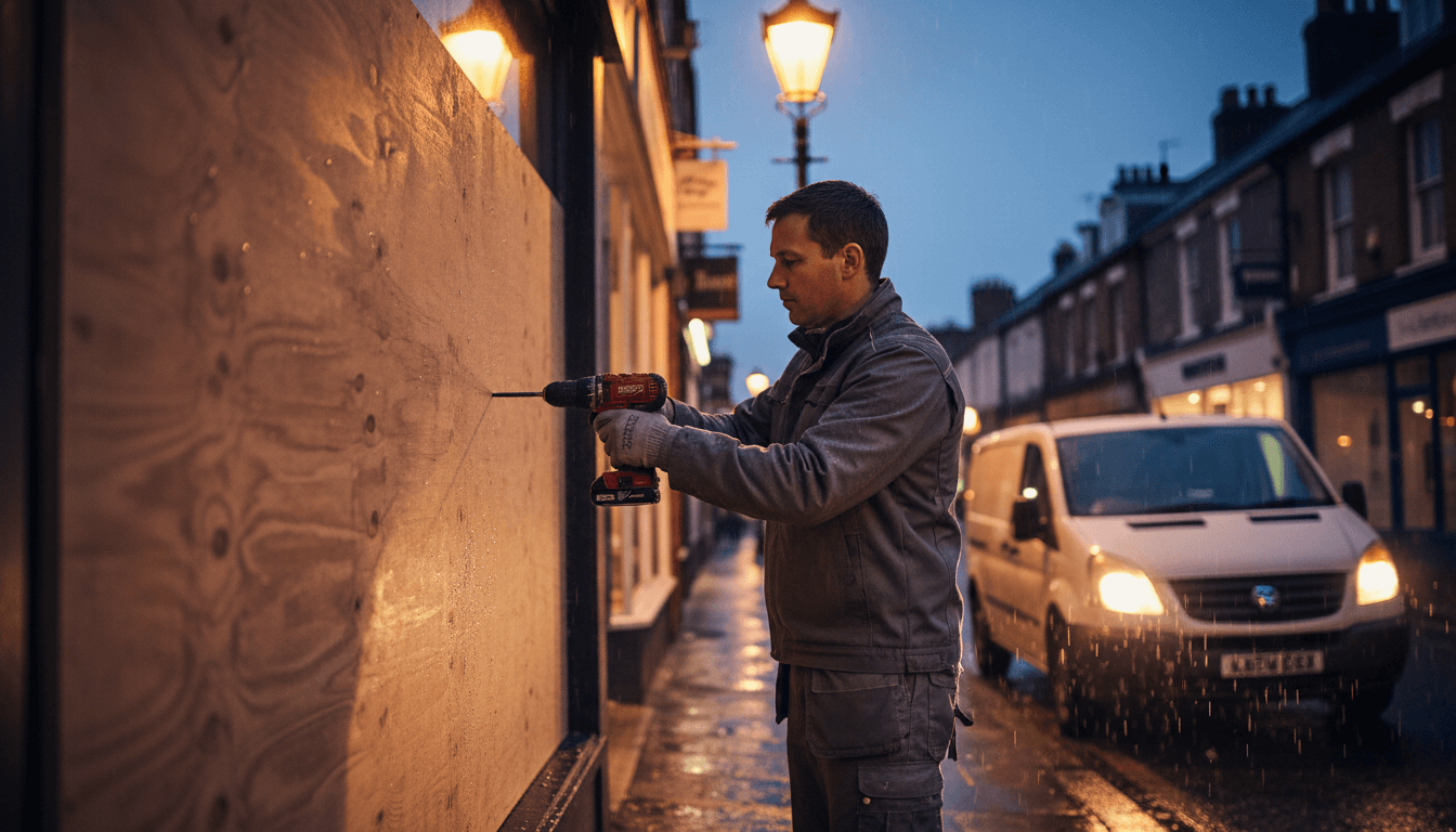 Fitter securing a plywood board over a shop window at night