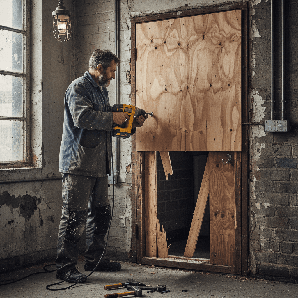 Fitter in workwear securing plywood over a damaged wooden door frame with a drill