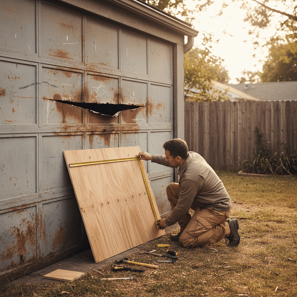 Fitter measuring a plywood board against a damaged garage door in a backyard