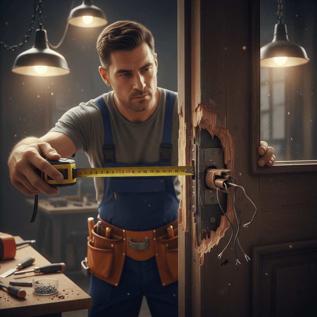 Tradesman measuring a damaged door frame with a tape measure