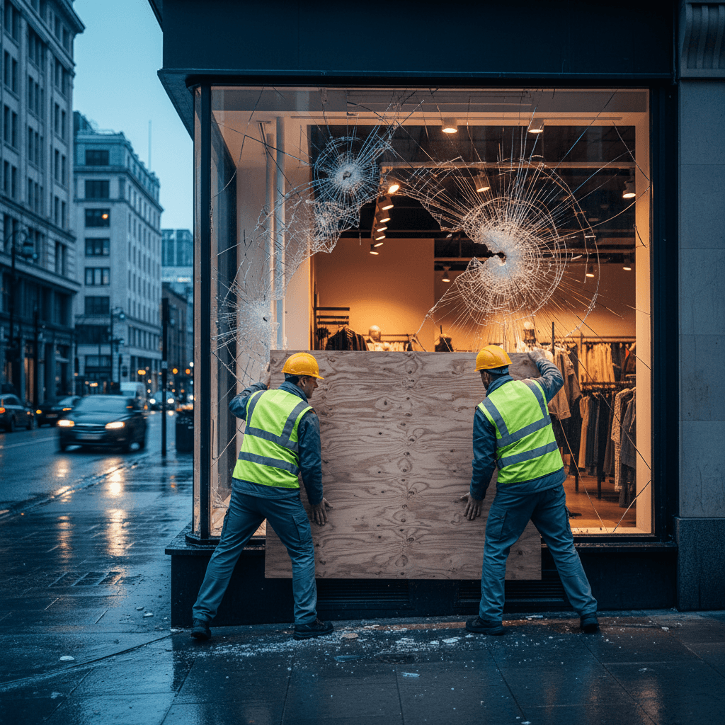Fitters boarding up a damaged shop storefront