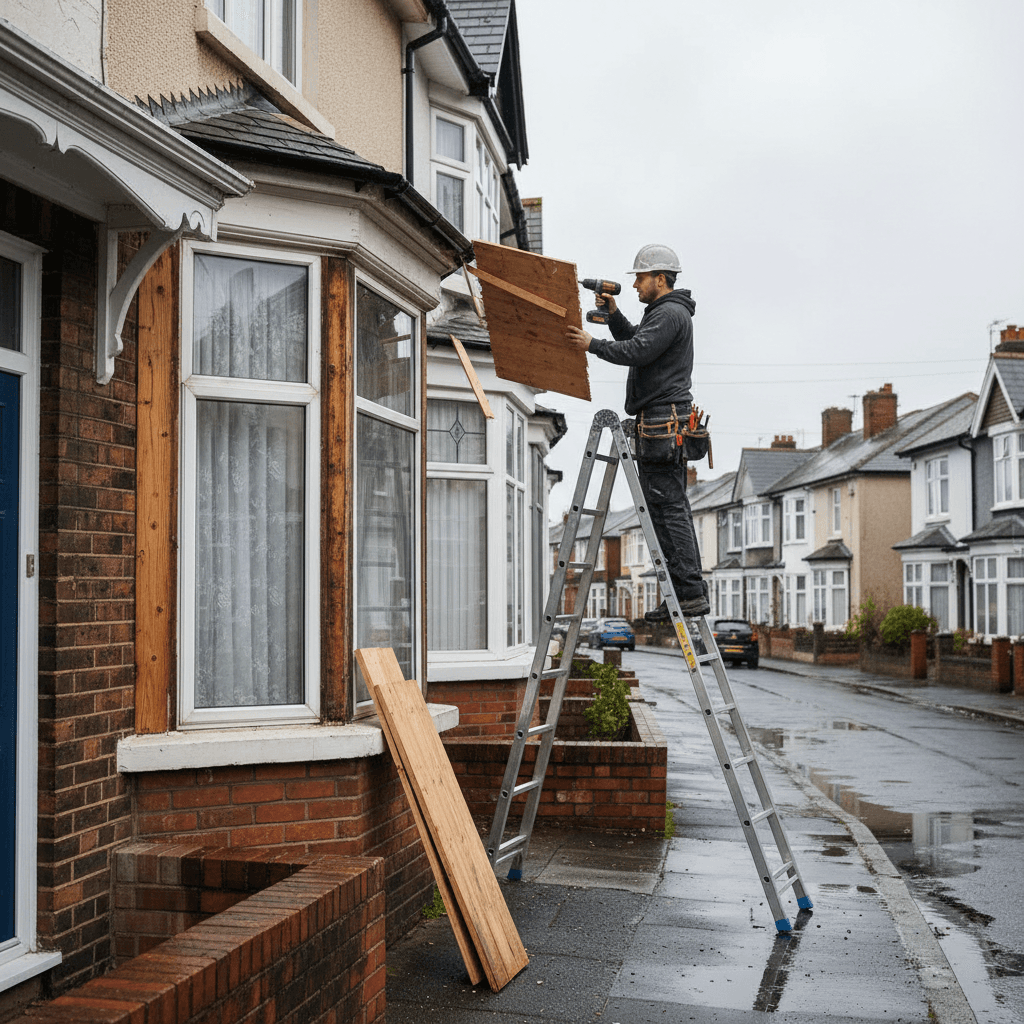 Fitter on ladder replacing damaged boarding on a bay window after a storm