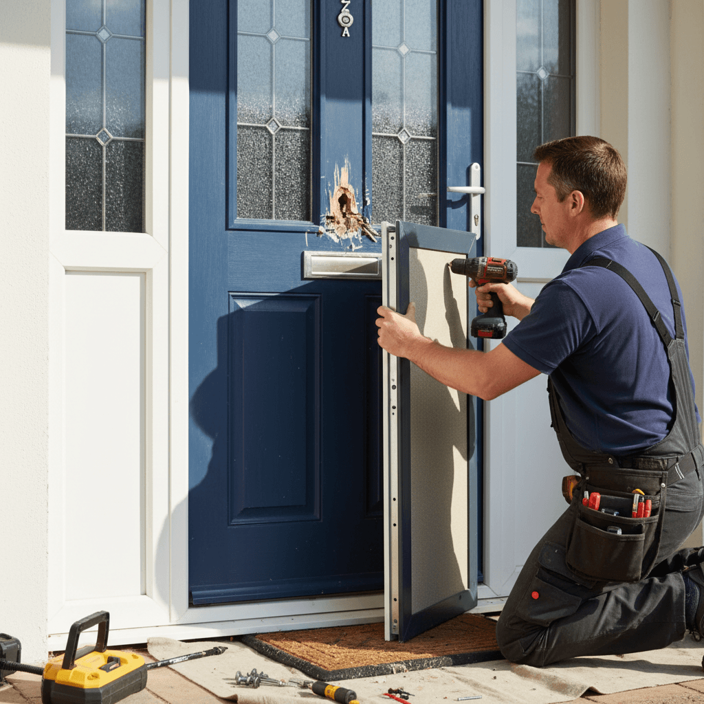 Fitter repairing a forced residential door