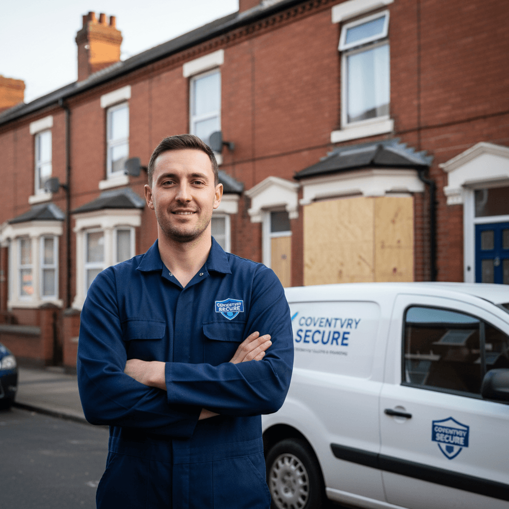 Male lead fitter in uniform, confident, with secured window backdrop.