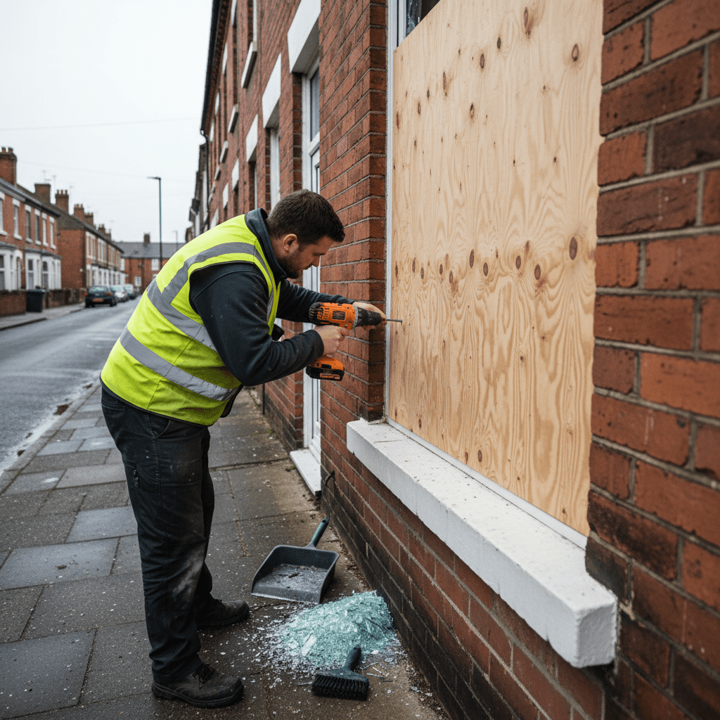Fitter screwing plywood over a ground-floor window