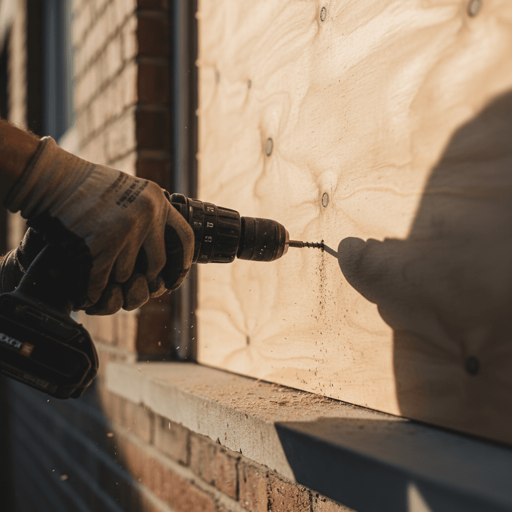 Tradesman screwing a plywood board over a window frame