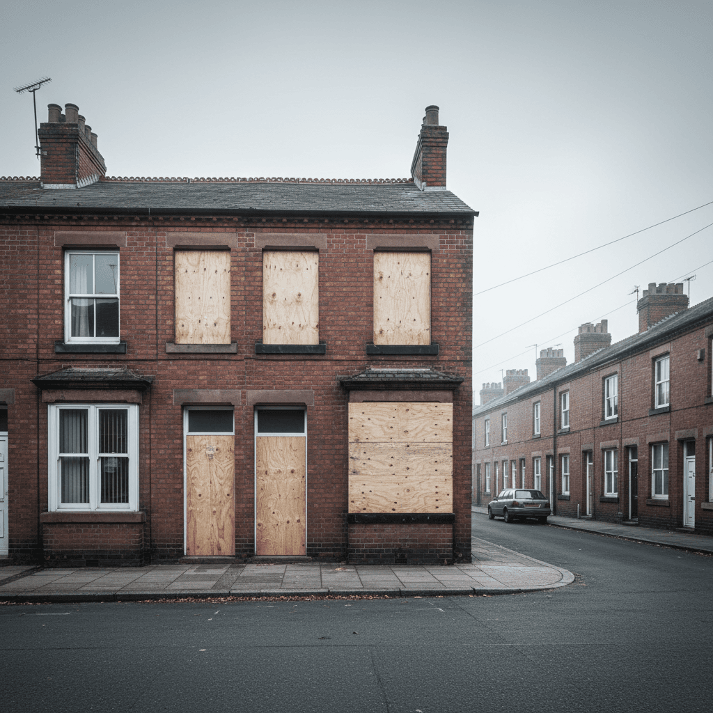 Row of terraced houses with one property boarded up