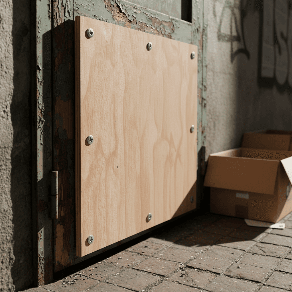 Close-up of a newly fitted plywood board secured over a battered rear door frame