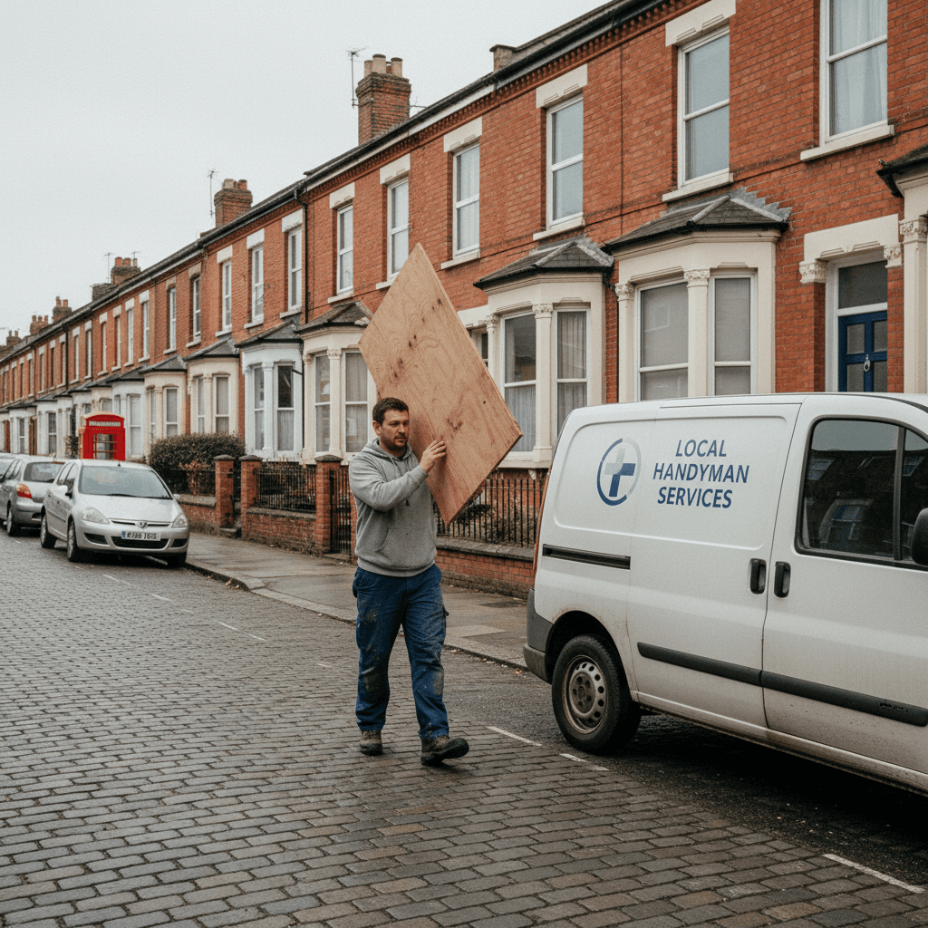 Fitter carrying a plywood board toward a house on a residential street