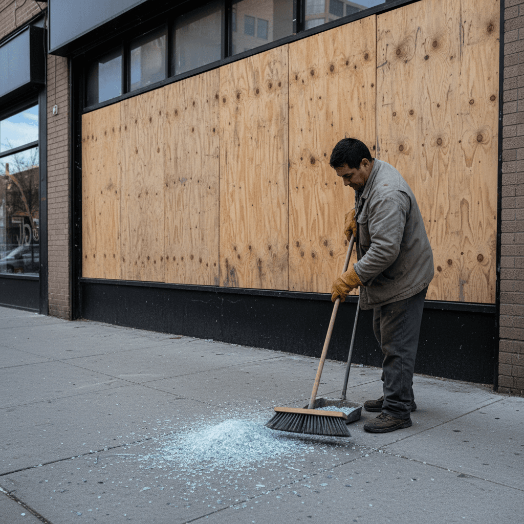 Tradesman sweeping broken glass outside a shop