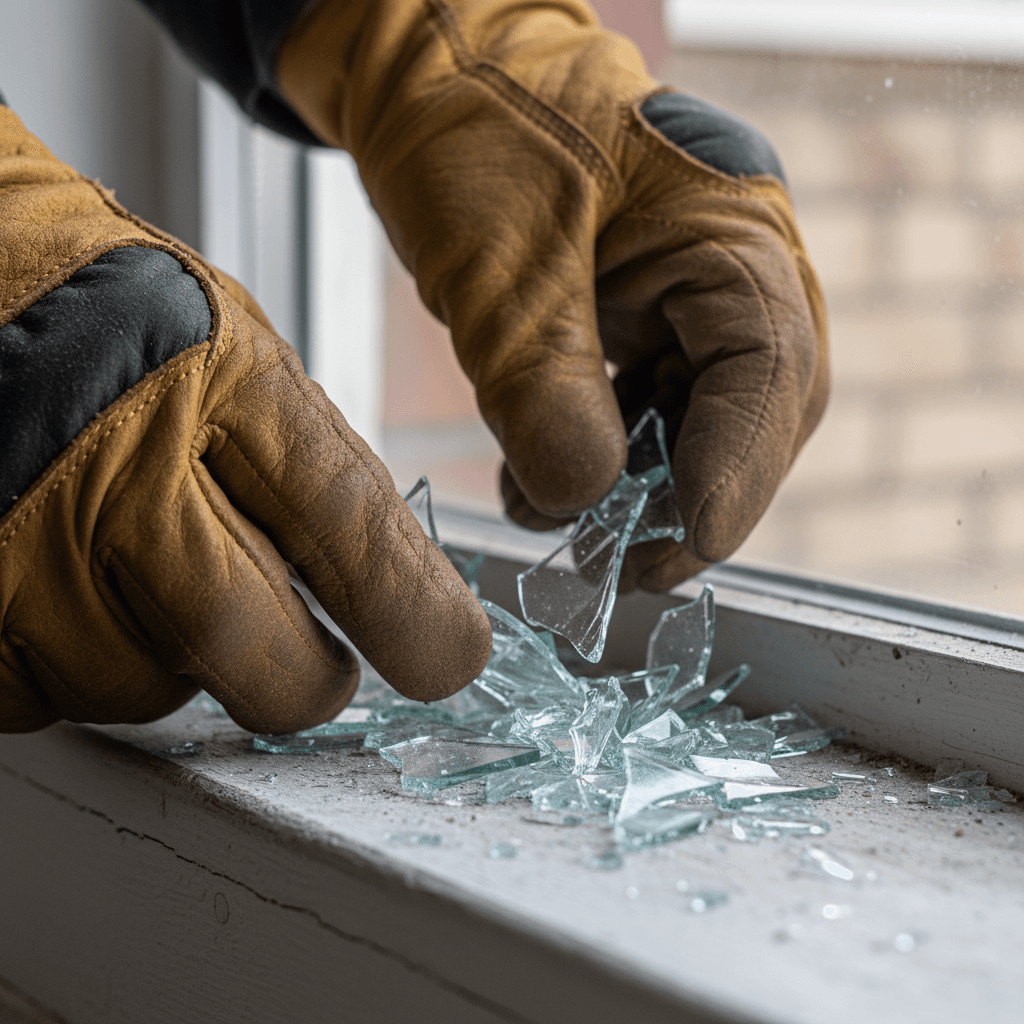 Fitter's gloved hands clearing broken glass from a window sill