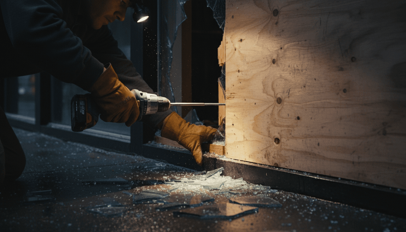 Fitter securing a board over a broken window at night