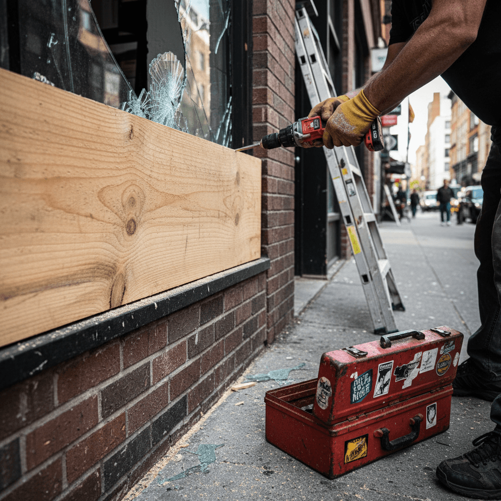 Boarded shop window with fresh timber secured by a tradesman