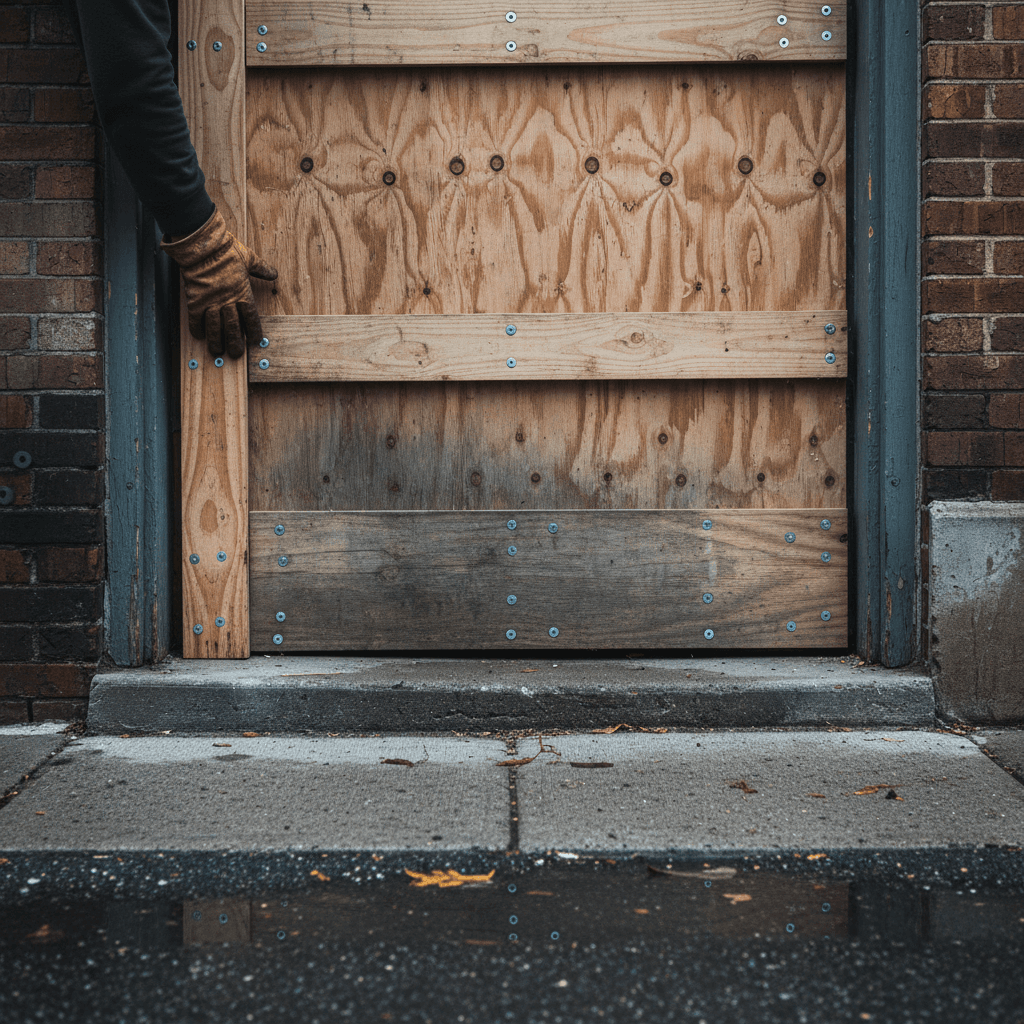 Boarded-up front door with plywood secured by screws